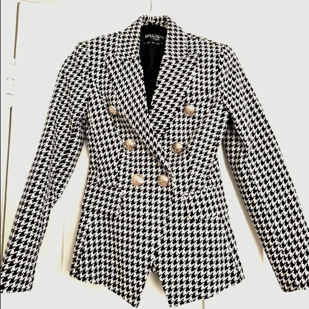 Balmain Classic Print Tweed Houndstooth B&W Doublebreasted Blazer Sz 36
